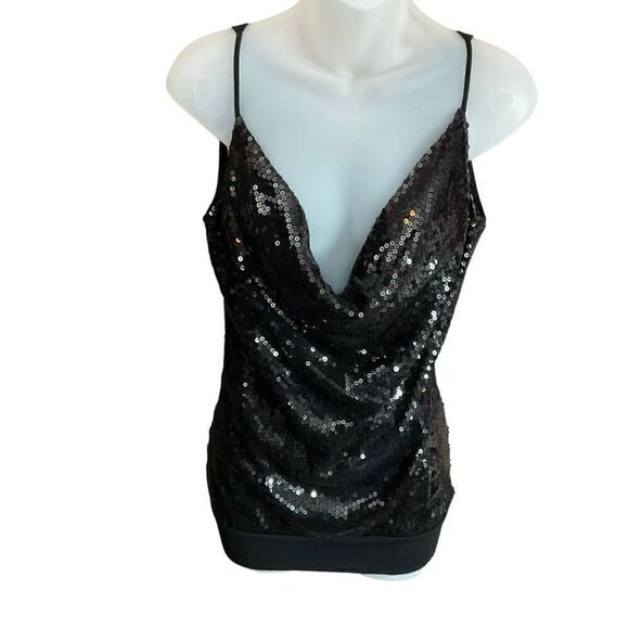 Sequined Black Top Tank Fashion Today Draped Cowl Neck Spaghetti Straps Small - Picture 1 of 10